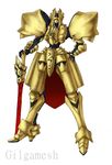  character_name fate/stay_night fate_(series) five_star_stories full_body gilgamesh hand_on_hip holding holding_sword holding_weapon legs_apart looking_at_viewer mecha mechanization no_humans parody red_eyes simple_background standing sword unsheathed weapon white_background zou_azarashi 