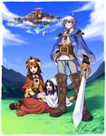  2girls atelier_(series) atelier_iris atelier_iris_eternal_mana_2 boots cloud day felt_blanchimont hat highres iris_blanchimont multiple_girls ouse_kohime sky sword viese_blanchimont weapon 