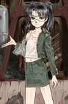  amasawa_yuuko black_hair dennou_coil glasses highres jacket long_hair pencil_skirt shirt skirt solo standing t-shirt twintails 