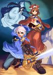  2girls alchemy atelier_(series) atelier_iris atelier_iris_eternal_mana_2 brown_dress dress felt_blanchimont highres iris_blanchimont multiple_girls official_art ouse_kohime sword viese_blanchimont weapon 