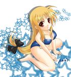  amicis blonde_hair fate_testarossa long_hair low-tied_long_hair lyrical_nanoha mahou_shoujo_lyrical_nanoha_strikers red_eyes solo star starry_background swimsuit very_long_hair 