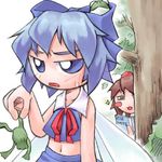  bow chibi cirno hat lowres multiple_girls navel nyagakiya shameimaru_aya touhou 