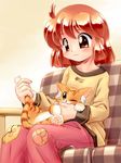  ;3 ahoge animal bangs biting blush brown_eyes brown_sweater cat checkered closed_mouth collarbone couch long_sleeves looking_up on_couch original pants paws pink_pants red_eyes red_hair shiny shiny_hair short_hair sitting sweater tareme whiskers zan_nekotama 