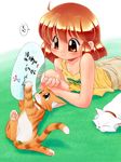  arm_support cat fan grass lying on_stomach orange_eyes orange_hair original paper_fan tank_top uchiwa zan_nekotama 