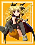  artist_request blonde_hair fate_testarossa highres lyrical_nanoha mahou_shoujo_lyrical_nanoha pen solo thighhighs twintails 