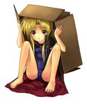  barefoot blonde_hair box fate_testarossa feet kichiroku lyrical_nanoha mahou_shoujo_lyrical_nanoha one-piece_swimsuit school_swimsuit solo swimsuit 