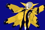  armor black_bodysuit bodysuit copyright_request enchi silver_hair solo yellow_bodysuit 