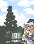  blonde_hair building dress frills hat hat_ribbon kugelschreiber lantern light long_hair looking_at_viewer mob_cap plant purple_dress red_ribbon reflection ribbon solo touhou tree upper_body yakumo_yukari 