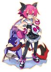  adjusting_eyewear bat_wings black_legwear chouniku demon_girl disgaea glasses hand_on_hip horns laharl laharl_(prinny) makai_senki_disgaea_3 pantyhose pink_eyes pink_hair pointy_ears prinny raspberyl sailor_collar short_hair slit_pupils tail white_sailor_collar wings 