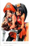  2girls :d arc_system_works arched_back arm_support armor bangs bare_shoulders belt black_hair black_legwear breast_press breasts brown_eyes brown_hair can china_dress chinese_clothes dress fingerless_gloves from_behind gloves grin guilty_gear guilty_gear_x guilty_gear_xx hair_between_eyes hair_ornament halterneck hand_on_shoulder happy hat head_tilt ishiwatari_daisuke kuradoberi_jam large_breasts leaning_forward long_hair may_(guilty_gear) mound_of_venus multiple_girls no_panties official_art open_mouth pantyhose pirate pirate_hat railing red_eyes scan short_dress side_slit simple_background skirt skull_and_crossbones smile standing strap_slip swept_bangs traditional_media turtleneck very_long_hair white_background wince wink 
