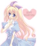 :d bangs blonde_hair blue_dress blue_eyes blush breasts copyright_request cowgirl_position dress eyebrows_visible_through_hair finger_to_mouth hair_intakes hair_ribbon happy_valentine hashimo_yuki heart large_breasts long_hair open_mouth outline puffy_short_sleeves puffy_sleeves purple_ribbon ribbon short_sleeves simple_background smile solo straddling valentine very_long_hair 