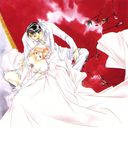  1girl black_hair bride brown_eyes character_request dress elbow_gloves flower gloves highres izumida_junichirou kakinouchi_narumi orange_hair rose train_(clothing) tuxedo wedding_dress yakushiji_ryouko yakushiji_ryouko_no_kaiki_jikenbo 