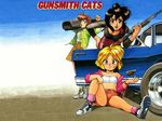  90s artist_request bandaid bandeau bent_over black_eyes black_hair blonde_hair bob_cut boombox breasts brown_hair car explosive ford green_eyes grenade ground_vehicle gun gunsmith_cats jacket midriff minnie_may_hopkins misty_brown motor_vehicle multiple_girls pump_action rally_vincent shelby_gt500 short_hair short_shorts shorts shotgun sidelocks sitting small_breasts smile strapless tubetop wallpaper weapon 