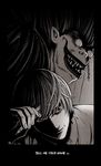  bad_source death_note karbo male_focus monochrome multiple_boys pen red_eyes ryuk spot_color yagami_light 