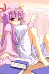  artist_request bangs blunt_bangs blush book crescent dress frills hat looking_at_viewer mob_cap patchouli_knowledge pink_hair purple_eyes robe solo striped striped_dress touhou vertical_stripes white_dress 