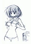  breasts greyscale groin lowleg lowleg_panties medium_breasts monochrome panties sankaku_umako shirt_lift sketch skindentation solo suzumiya_haruhi suzumiya_haruhi_no_yuuutsu underboob underwear 