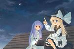  binoculars blonde_hair blue_eyes computer crescent_moon hat kirisame_marisa laptop moon multiple_girls night night_sky no_hat no_headwear outdoors patchouli_knowledge pointing pointing_up purple_hair rooftop sitting sky star_(sky) starry_sky tes_(unpre) touhou witch_hat 