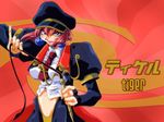  angry character_name earrings hat jewelry kotobuki_tsukasa midriff necktie red_background red_hair saber_marionette_j short_hair solo tiger_(saber_j) uniform wallpaper whip 