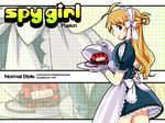  ahoge apron bangs blonde_hair blue_eyes bow dj_max dj_max_portable dress dynamite frills gathers gloves hair_bun maid maid_headdress petticoat profile solo star tari text_focus tray waitress zoom_layer 