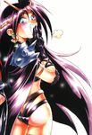  90s araizumi_rui armlet armor ass belt bikini blue_eyes blush butt_crack cape circlet covering_mouth earrings from_behind gloves grin hand_over_own_mouth highres jewelry laughing long_hair looking_back naga_the_serpent naughty_face purple_hair revealing_clothes skindentation slayers smile solo swimsuit thigh_gap turtleneck very_long_hair 