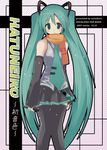  2007 akane_souichi aqua_eyes aqua_hair blush hair_ornament hatsune_miku headphones long_hair microphone necktie orange_scarf scarf smile solo thighhighs twintails very_long_hair vocaloid zettai_ryouiki 