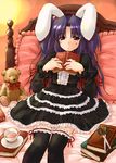  animal_ears bed book bunny_ears clannad dress gothic_lolita hair_bobbles hair_ornament hirasaka_makoto ichinose_kotomi lolita_fashion long_hair reading scissors solo stuffed_animal stuffed_toy teddy_bear thighhighs two_side_up 