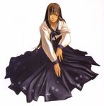  brown_eyes brown_hair hanbok highres kim_hyung_tae korean_clothes lipstick long_hair long_sleeves makeup official_art scan sherazard simple_background sitting smile solo traditional_clothes war_of_genesis war_of_genesis_iii 