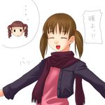  2girls :d ^_^ ^o^ brown_hair closed_eyes drill_hair fukuzawa_yumi jacket jitome long_sleeves lowres maria-sama_ga_miteru matsudaira_touko multiple_girls open_clothes open_jacket open_mouth outstretched_arms scarf simple_background smile toshifumi twin_drills twintails white_background 