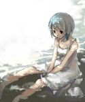  black_eyes blue_hair bow hair_bow ice murakami_mame original partially_submerged short_hair sitting skirt solo v_arms water white_skirt 