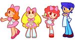  :p apron bangs blonde_hair blue_hair blush_stickers boots bow brown_eyes chibi crossed_arms curly_hair dark_skin denim dj_max dj_max_portable dress drink eyelashes green_tea hair_bow high_heels jeans looking_up mary_janes multiple_girls one_eye_closed orange_hair pac-man_eyes pants pink_skirt red_hair ribbon shoes skirt tari tea thighhighs tongue tongue_out tray waitress 