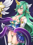  1girl bare_shoulders blush breasts dress_pull drop elbow_gloves gloves green_eyes green_hair horn league_of_legends long_hair magical_girl nipples no_panties pointy_ears pubic_hair skirt skirt_lift solo soraka staff star_guardian_soraka sweat tentacle thighhighs very_long_hair white_gloves youkan 