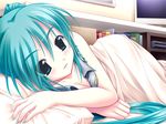  amino_kohaku aqua_hair bed hatsune_miku long_hair solo very_long_hair vocaloid 