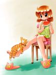  animal_slippers barefoot brown_eyes brown_hair cat cat_slippers chair feet food fruit holding holding_food holding_fruit legs original shoes short_hair shorts single_shoe sitting slippers solo tank_top toes watermelon zan_nekotama 