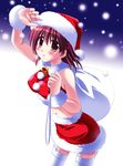  bare_shoulders bell blush brown_eyes brown_hair christmas clannad cowboy_shot furukawa_nagisa garter_straps hair_ornament hairclip hat highres looking_at_viewer midriff miniskirt otoki_raku sack santa_costume santa_hat skirt snowing solo thighhighs white_legwear 