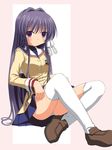  aikawa_touma clannad fujibayashi_kyou hikarizaka_private_high_school_uniform long_hair panties pantyshot purple_eyes purple_hair school_uniform shoes sitting skirt skirt_lift solo thighhighs underwear 