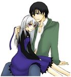  black_eyes black_hair darker_than_black dress hair_down hei long_hair purple_eyes short_hair silver_hair sitting sitting_on_lap sitting_on_person yin 