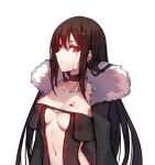  1girl absurdres bangs blood blood_on_face blood_stain breasts brown_hair center_opening choker consort_yu_(fate) ear_piercing eyebrows_visible_through_hair fate/grand_order fate_(series) fur_collar hair_between_eyes highres large_breasts looking_at_viewer navel piercing red_eyes simple_background solo upper_body white_background xion32 