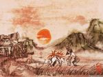  amaterasu animal artist_request field fire hat highres kushi ookami_(game) sun wallpaper water_wheel wolf 