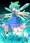  aqua_background blue_hair cirno fairy fang magic_circle michii_yuuki octagram ribbon smile solo star_of_lakshmi touhou 