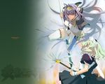  antenna_hair armor blade green_hair hairband long_hair maid mouri_teru multiple_girls naginata orion_(orionproject) polearm purple_eyes purple_hair rance_(series) sengoku_rance senhime spear thighhighs very_long_hair wallpaper weapon 