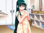  ai_(popotan) bathroom breasts cleavage game_cg glasses green_eyes green_hair long_hair medium_breasts naked_towel popotan smile solo towel very_long_hair watanabe_akio 