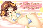  bikini blush breasts brown_hair hits large_breasts one_eye_closed short_hair side-tie_bikini solo striped striped_bikini suzumiya_haruhi suzumiya_haruhi_no_yuuutsu swimsuit uehiro 