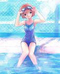  adjusting_goggles armpits blue_eyes chain-link_fence day fence flat_chest goggles goggles_on_head lens_flare one-piece_swimsuit orange_hair original osamu outdoors pool poolside red_hair school_swimsuit short_hair sitting soaking_feet solo swimsuit water wet 
