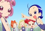  &gt;_&lt; ahoge asuka_momoko closed_eyes fujiwara_hazuki glasses harukaze_doremi multiple_girls name_tag ohyo ojamajo_doremi one-piece_swimsuit school_swimsuit segawa_onpu senoo_aiko swimsuit 