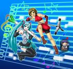  2girls beamed_eighth_notes directional_arrow eighth_note gunchee hatsune_miku kaito long_hair meiko microphone microphone_stand multiple_girls musical_note quarter_note spring_onion star thighhighs treble_clef triangle_mouth twintails very_long_hair vocaloid zettai_ryouiki 