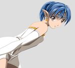 1girl bare_shoulders blue_hair earrings highres jewelry lafiel looking_at_viewer pointy_ears seikai_no_senki simple_background solo 
