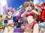  4girls 6+boys belt bikini breasts brown_eyes brown_hair cleavage cloud edomae_lunar highres long_hair lunar_no_papa maki_(seto_no_hanayome) masa megaphone michishio_nagasumi multiple_boys multiple_girls outdoors pink_eyes pink_hair seto_gouzaburou seto_no_hanayome seto_sun short_hair sky swimsuit tentacle very_long_hair wallpaper whistle zenigata_mawari 