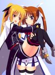  blonde_hair couple fate_testarossa lyrical_nanoha magical_girl mahou_shoujo_lyrical_nanoha_strikers multiple_girls saki_chisuzu takamachi_nanoha thighhighs twintails yuri 