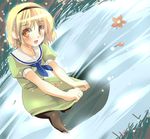  bad_anatomy blonde_hair hairband higurashi_no_naku_koro_ni houjou_satoko leaf looking_at_viewer pantyhose river sailor_collar school_uniform shigen skirt skirt_tug smile solo wading yellow_eyes 