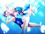  aoba_satsuki armpits barefoot blue blue_hair blush bubble caustics closed_eyes dutch_angle feet interlocked_fingers kazetani_rikka kiss legs long_hair multiple_girls one-piece_swimsuit orange_hair perspective ponytail pool renge_(eroge) rorieshi short_hair spread_legs surprised swimsuit underwater water yuri 